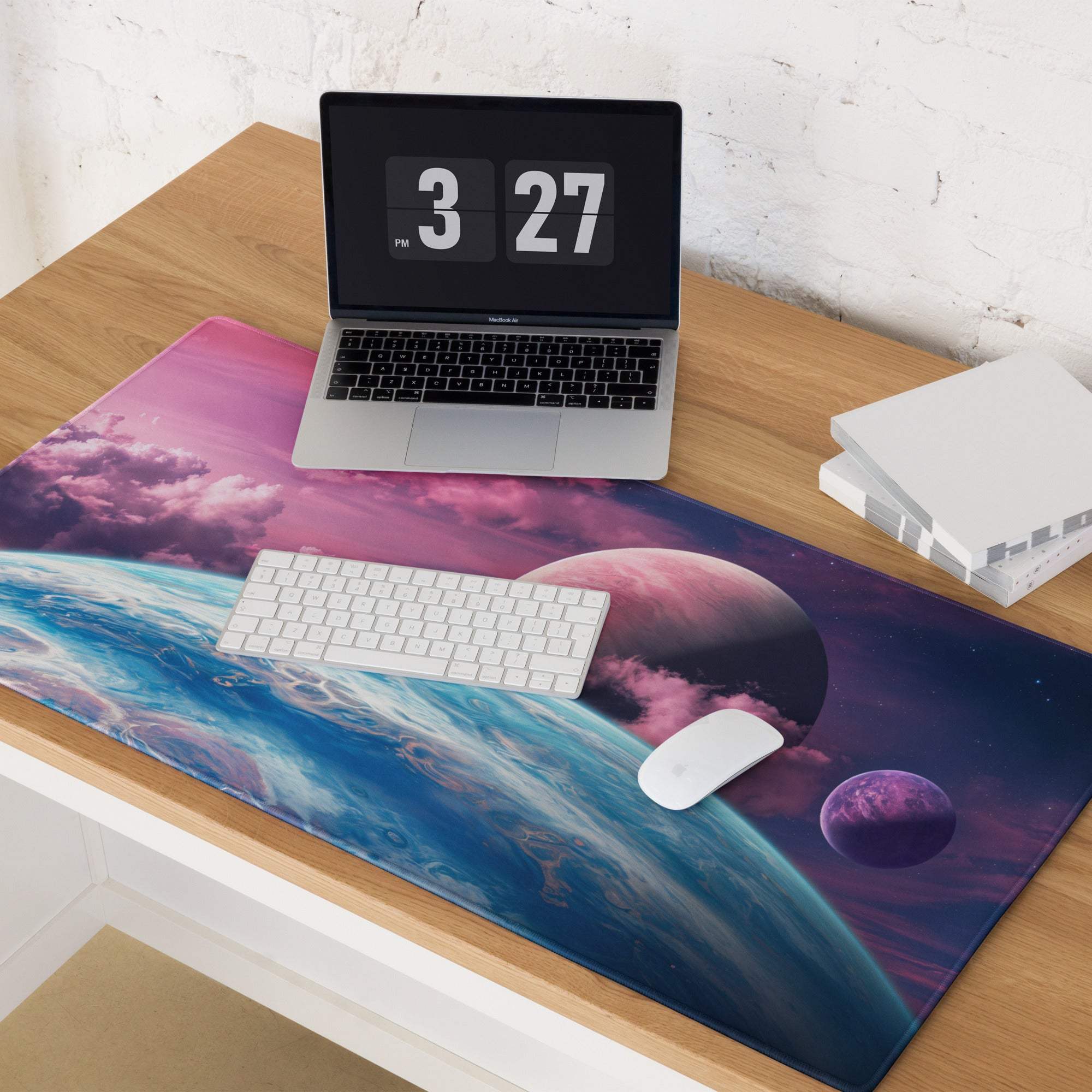Vibrant cosmic gaming mouse pad with Earth, planets, pink-blue nebula landscape