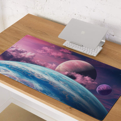 Cosmic gaming mousepad with Earth, pink planet, purple nebula clouds