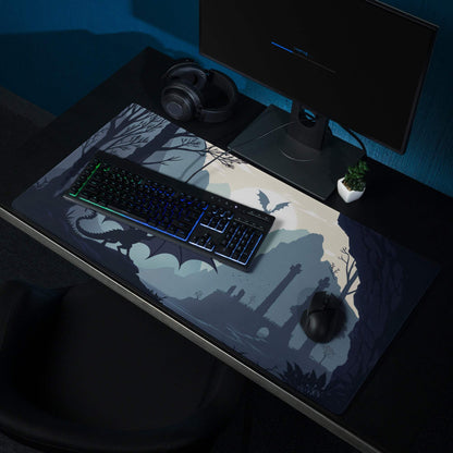 Dark blue fantasy dragon landscape gaming mouse pad with dragon, bats, castle