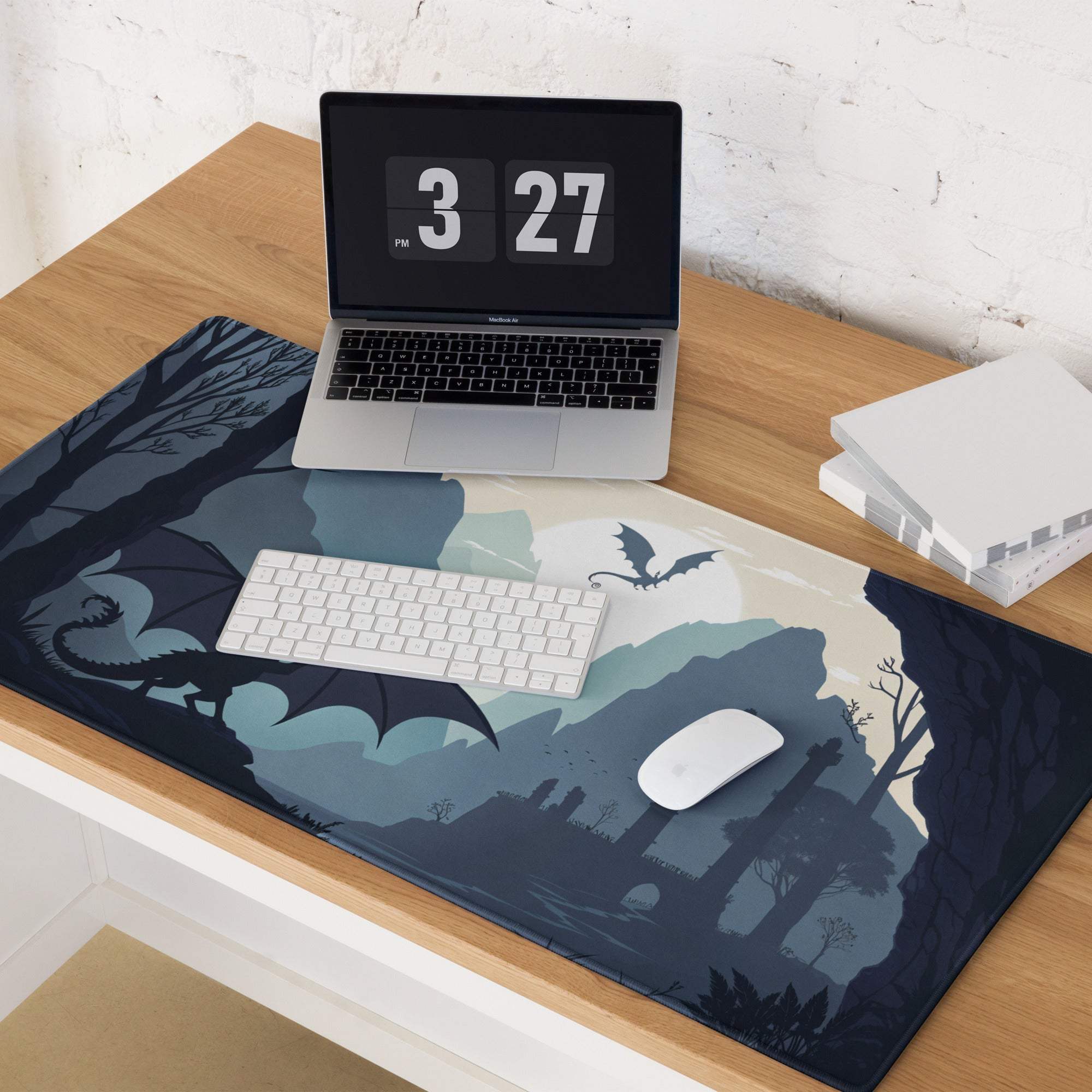 Dark blue dragon fantasy landscape gaming mouse pad, large non-slip