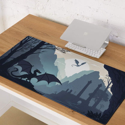 Dark blue fantasy dragon landscape gaming mouse pad with non-slip base