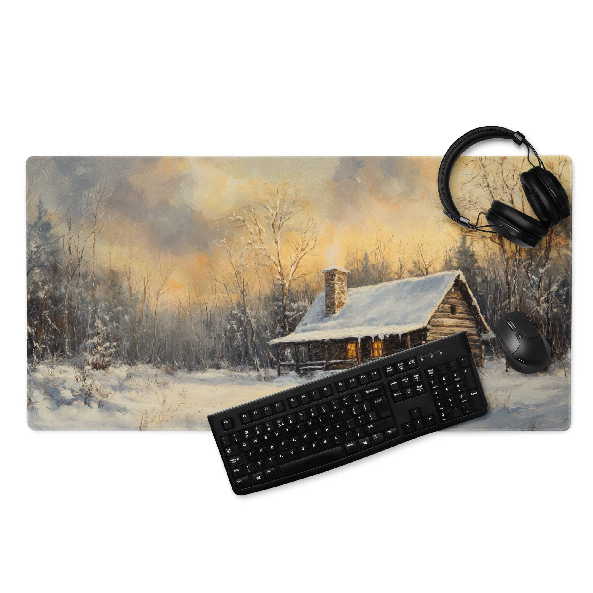 Impressionist winter cabin gaming mouse pad with sunset glow and snowy forest