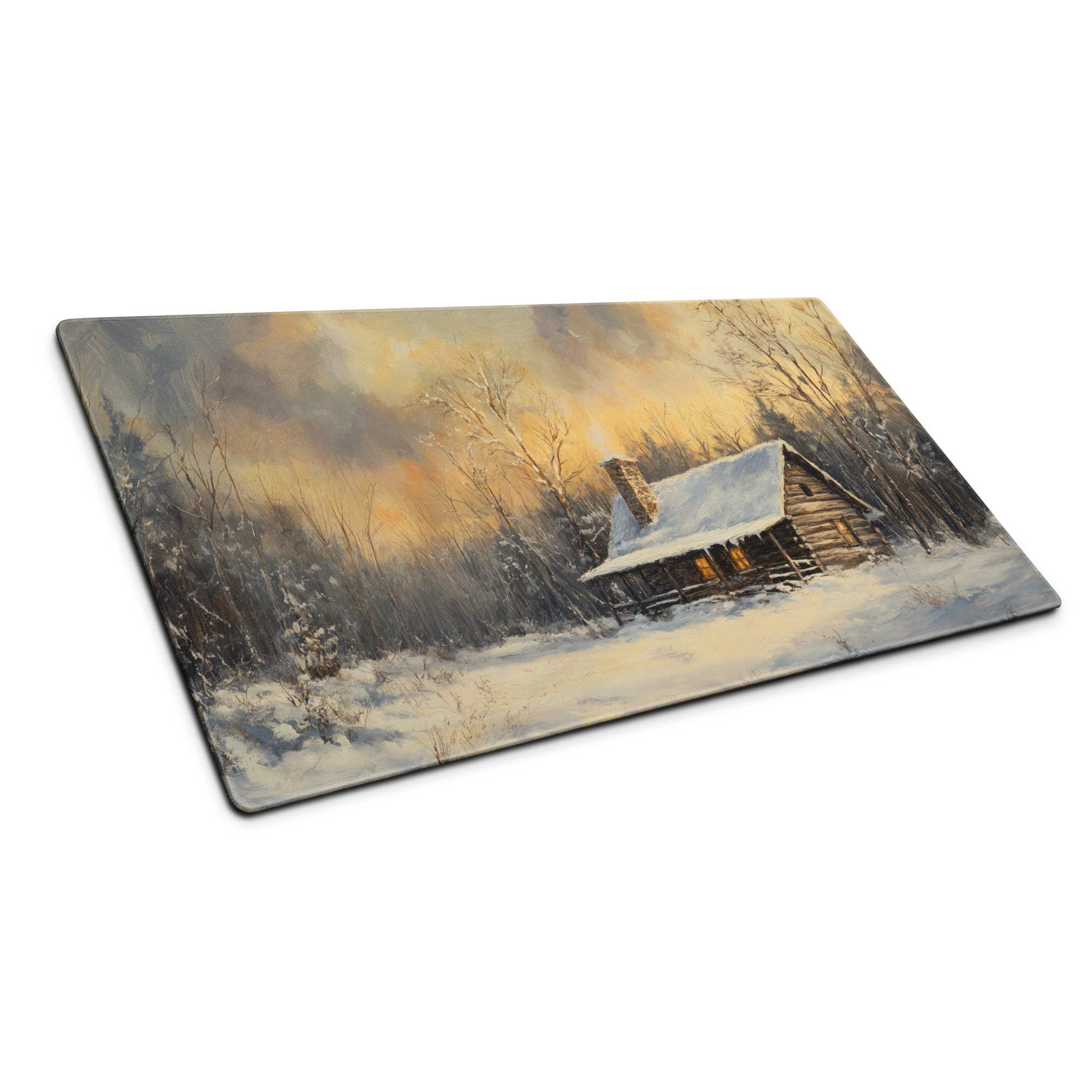 Rectangular glass cutting board with impressionist winter cabin scene