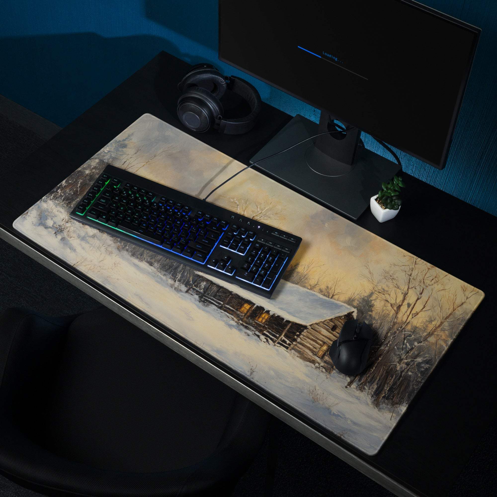 Impressionist winter cabin gaming mousepad with sunset glow and snowy forest
