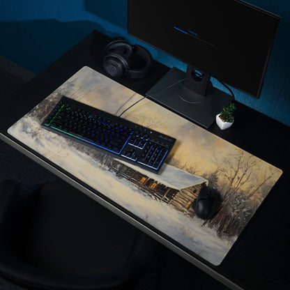 Impressionist winter cabin gaming mousepad with sunset glow and snowy forest