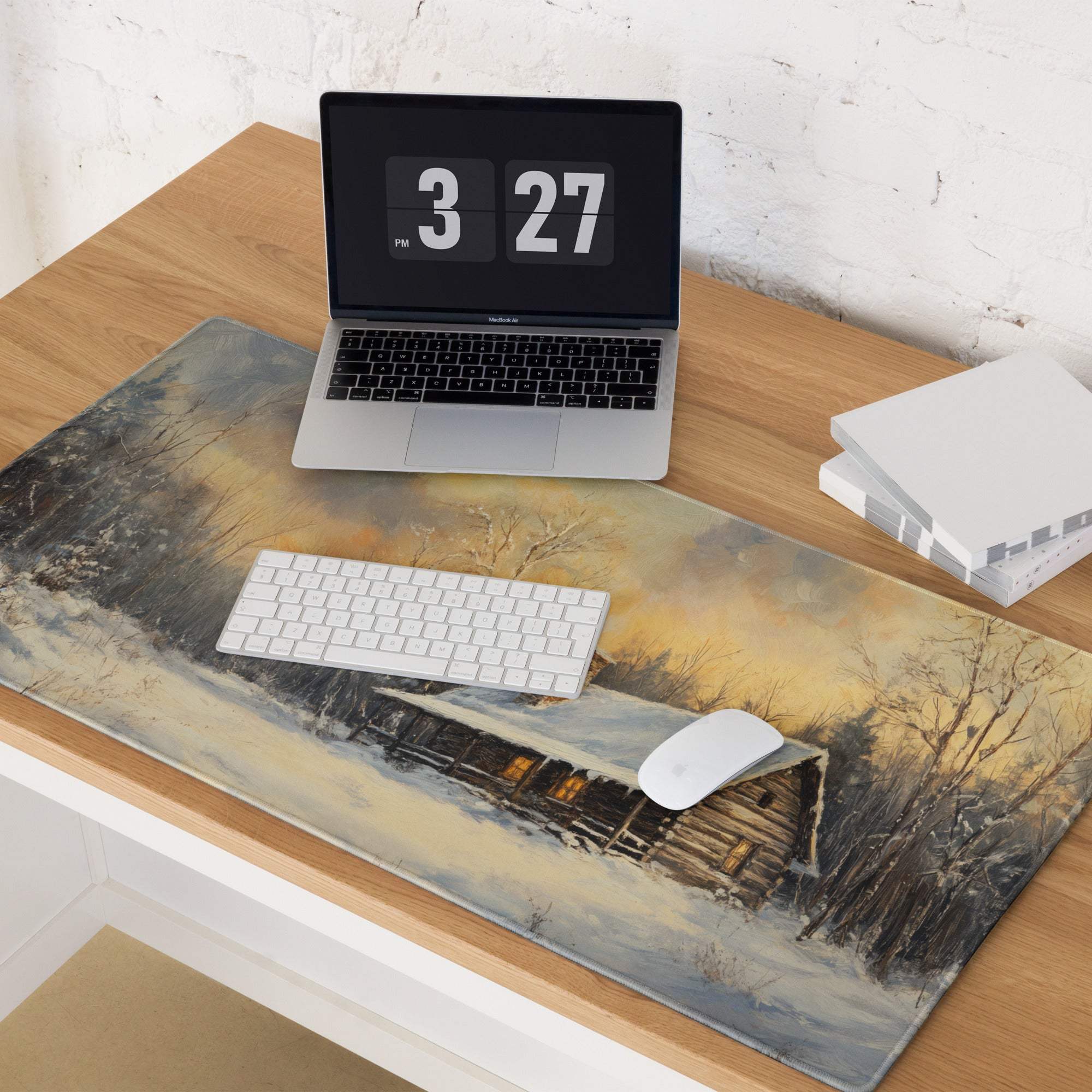 Impressionist winter cabin gaming mousepad with sunset glow and snowy forest