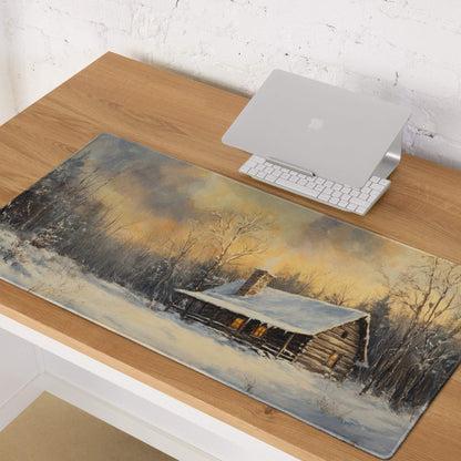 Impressionist winter cabin gaming mouse pad with sunset glow and snow