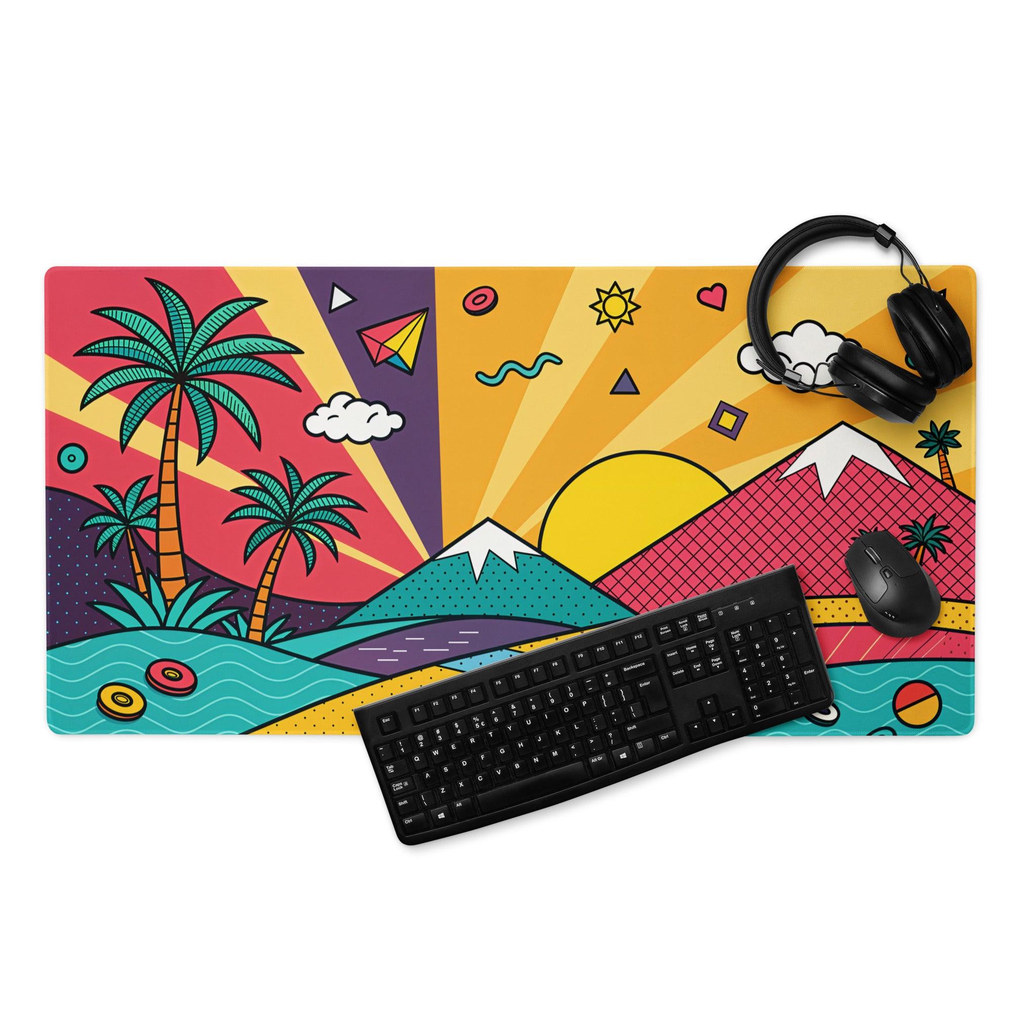 Vibrant pop art tropical sunset gaming mouse pad with palm trees and non-slip backing