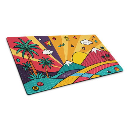 Pop art tropical sunset gaming mouse pad with vibrant geometric landscape