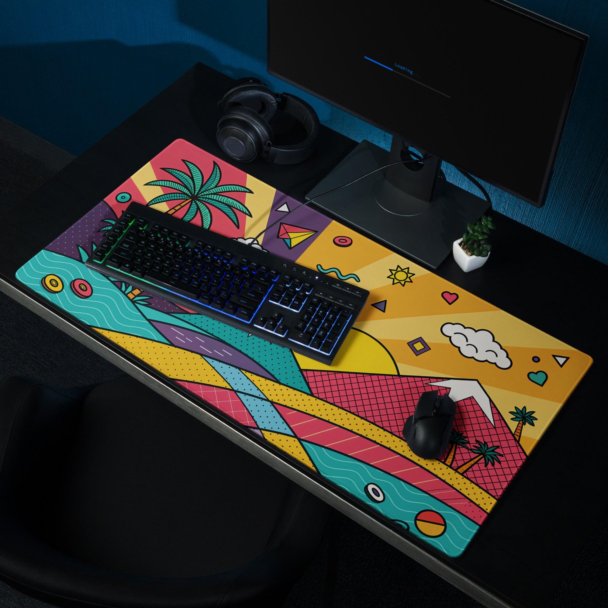 Vibrant pop art tropical sunset gaming mouse pad in yellow pink teal purple