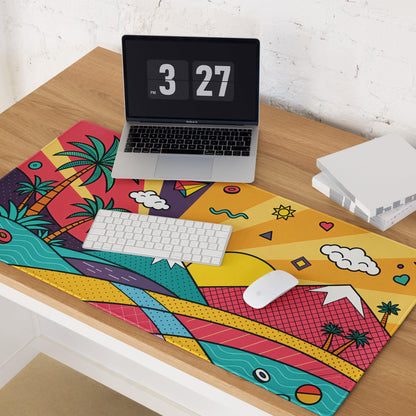 Pop art tropical sunset gaming mouse pad with vibrant geometric patterns