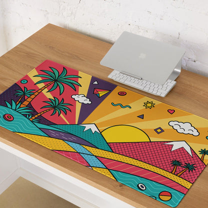 Pop art tropical sunset gaming mouse pad with vibrant retro geometric landscape