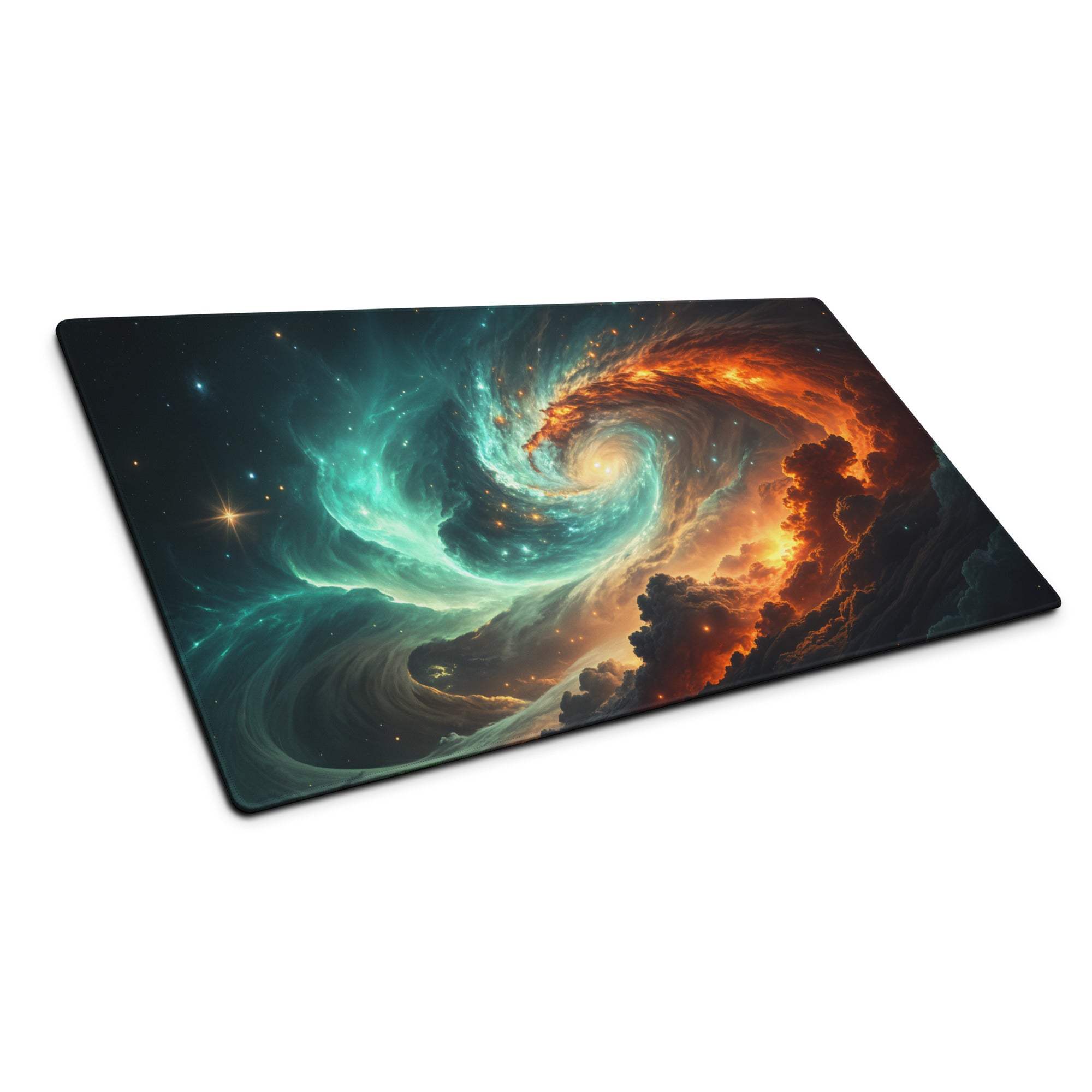 Epic Cosmic Swirl gaming mouse pad with teal orange nebulae design