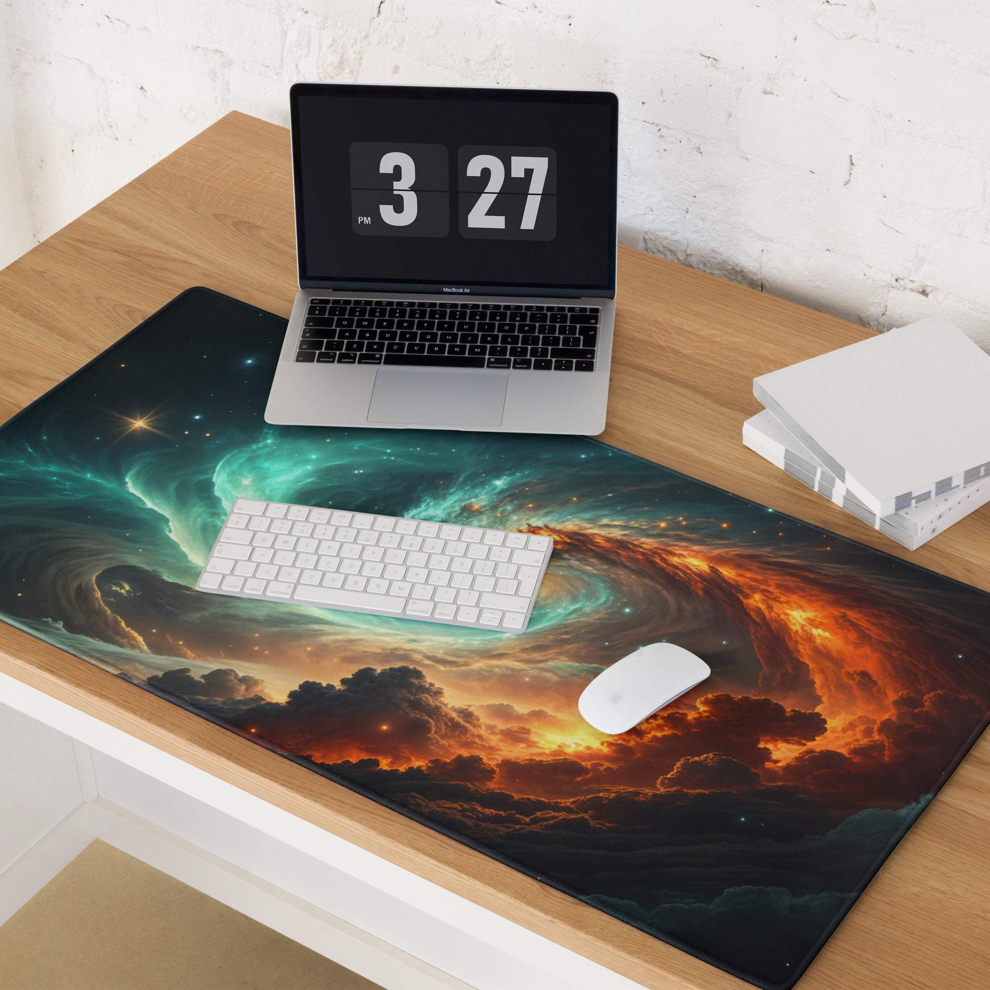 Epic Cosmic Swirl gaming mouse pad with vibrant teal orange nebula design