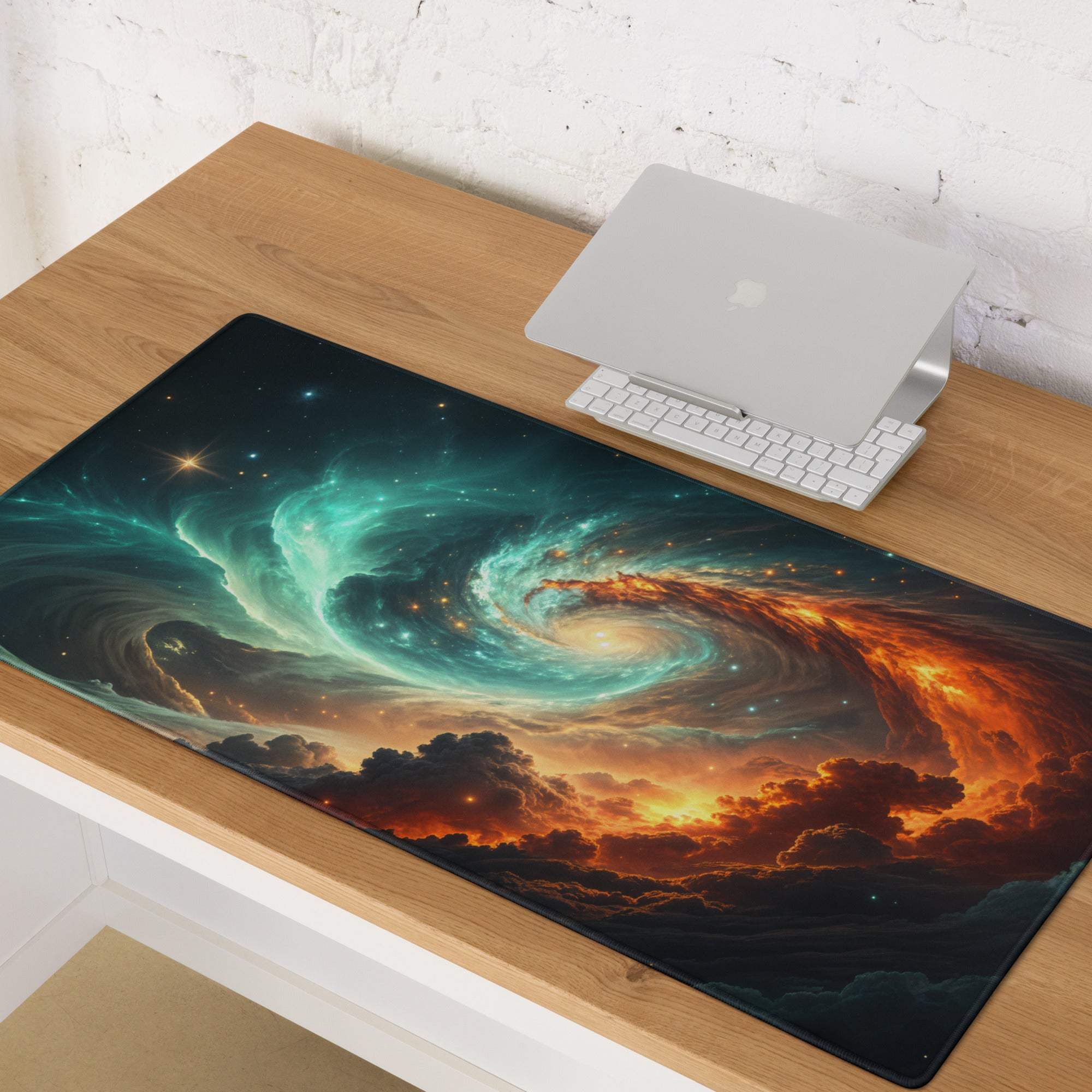 Epic Cosmic Swirl gaming mouse pad with teal orange nebulae design