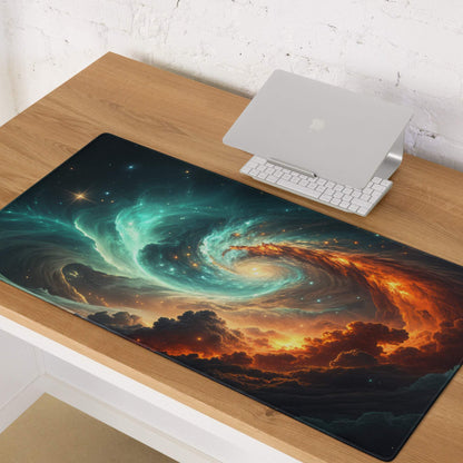 Epic Cosmic Swirl gaming mouse pad with teal orange nebulae design