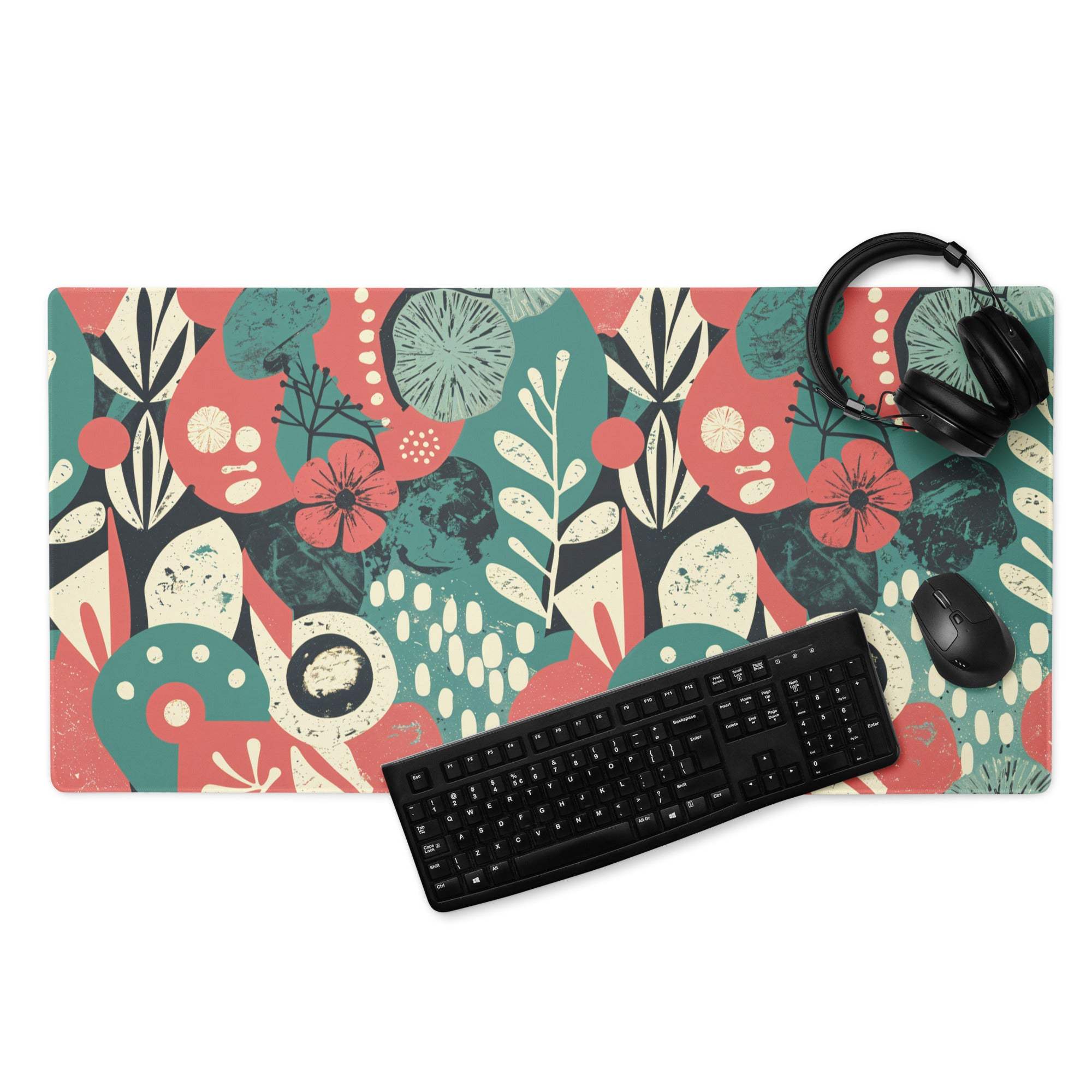 Vibrant floral abstract gaming mouse pad with large size, non-slip base, coral pink botanical pattern