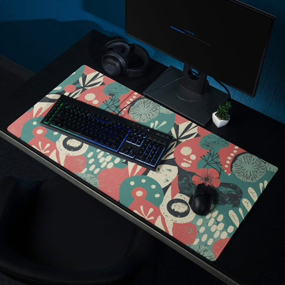 Vibrant floral abstract gaming mouse pad with mushrooms, large size, non-slip base