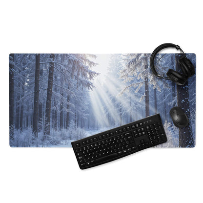 Large immersive winter forest gaming mouse pad with non-slip base