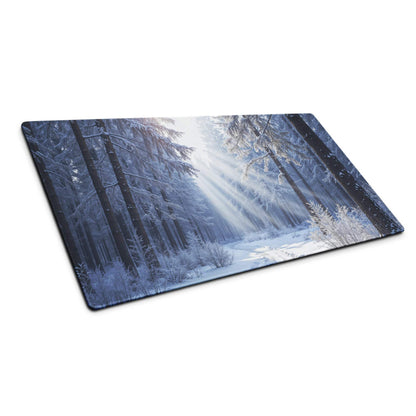 Large immersive winter forest gaming mouse pad with snow trees sunbeams non-slip base