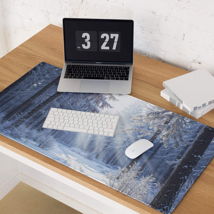 Blue winter forest gaming mousepad with snow trees misty vibe large non-slip stitched