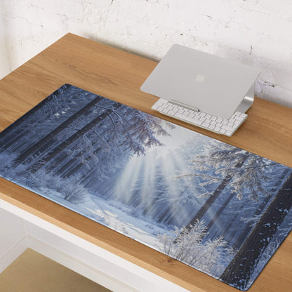 Blue winter forest scene on large gaming mouse pad with non-slip base