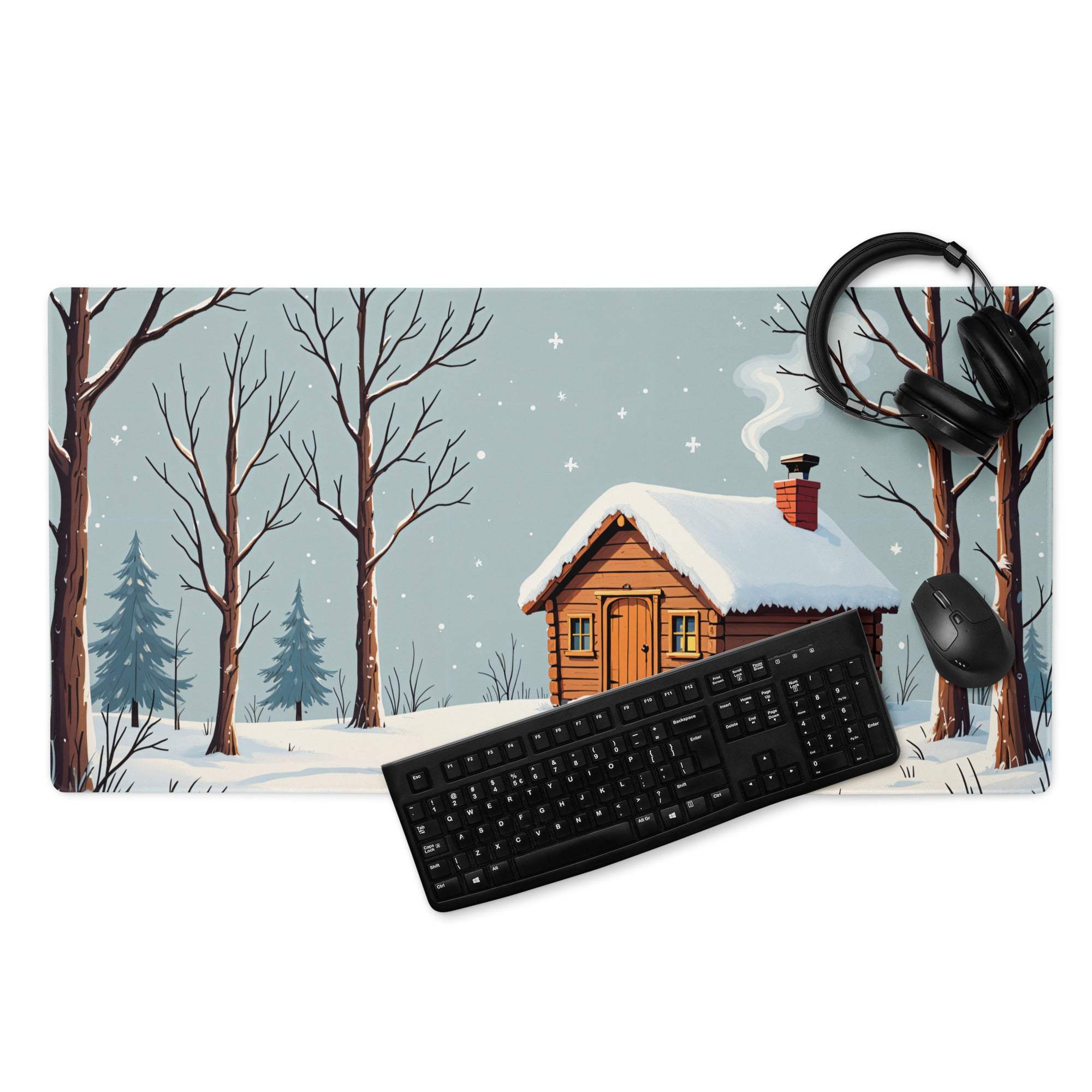 Black keyboard on cozy winter cabin snowy forest gaming mouse pad