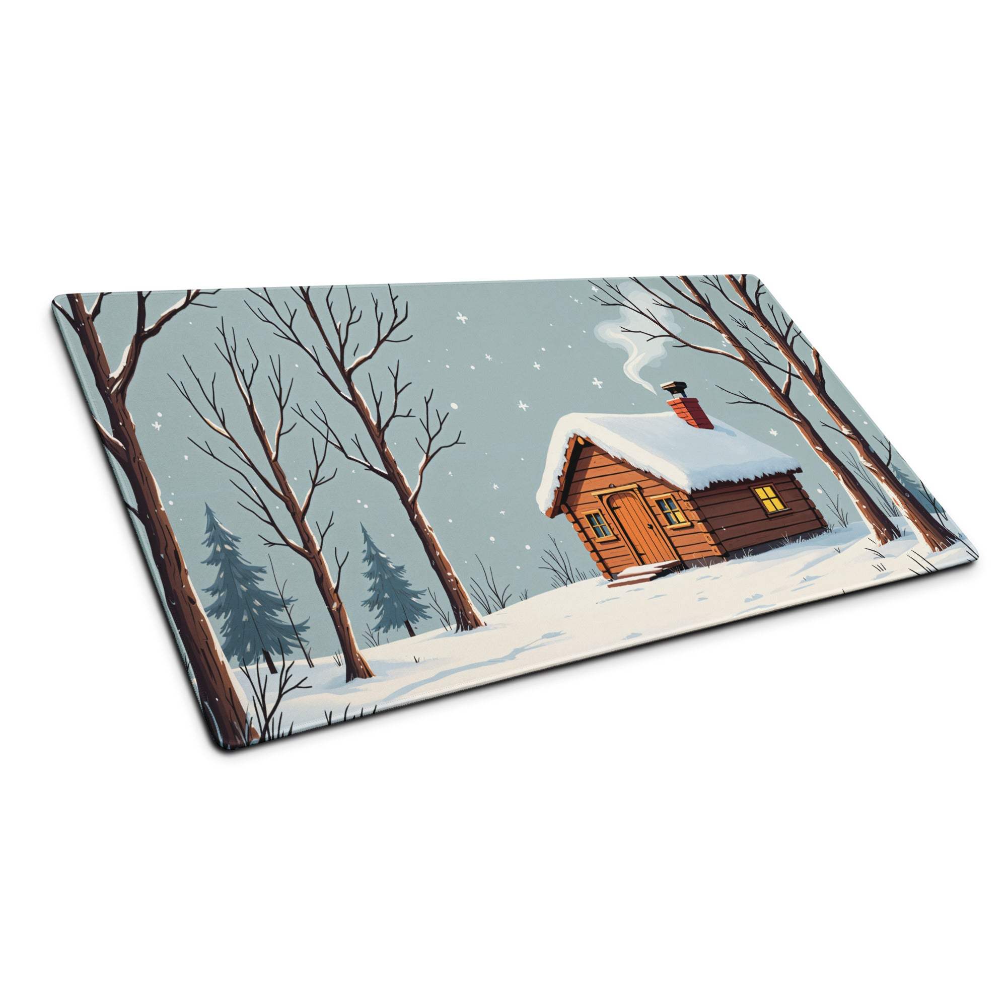 Cozy winter cabin on rectangular glass cutting board, snowy forest scene
