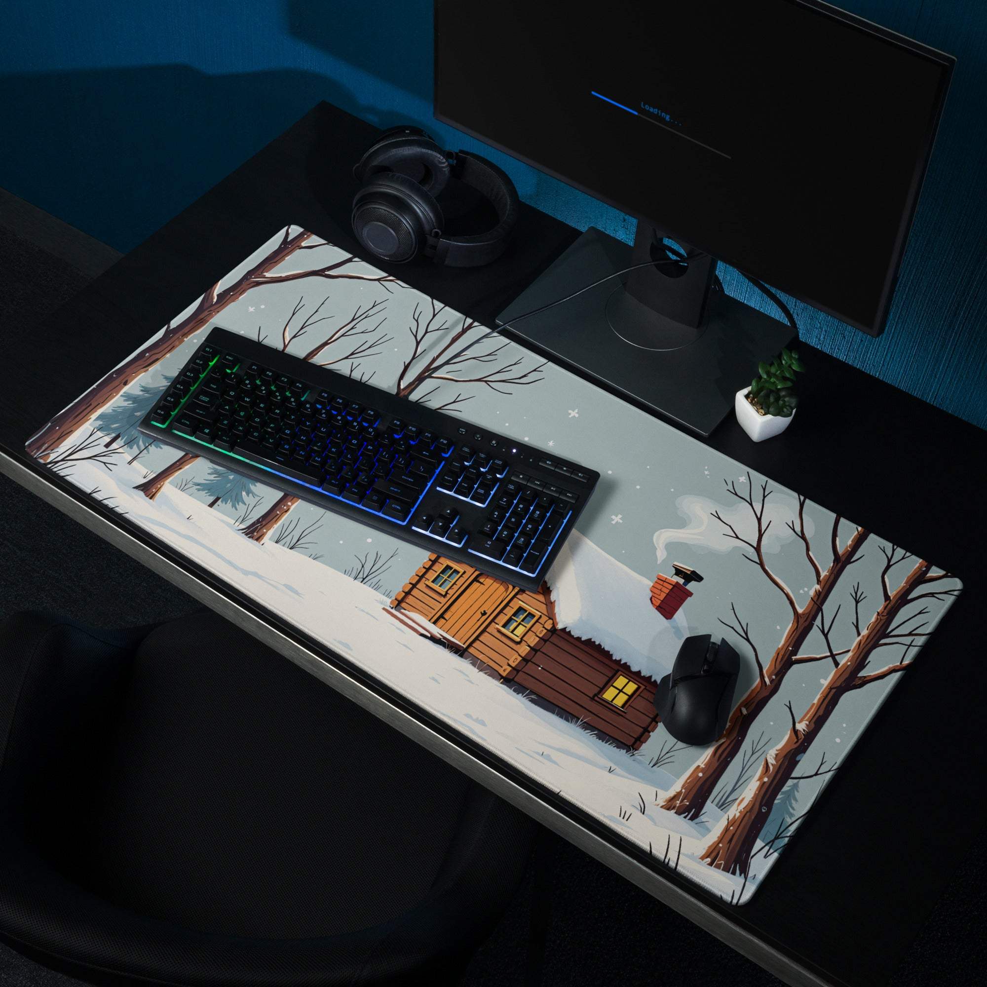 Cozy winter cabin snowy forest mousepad in calm blue tones