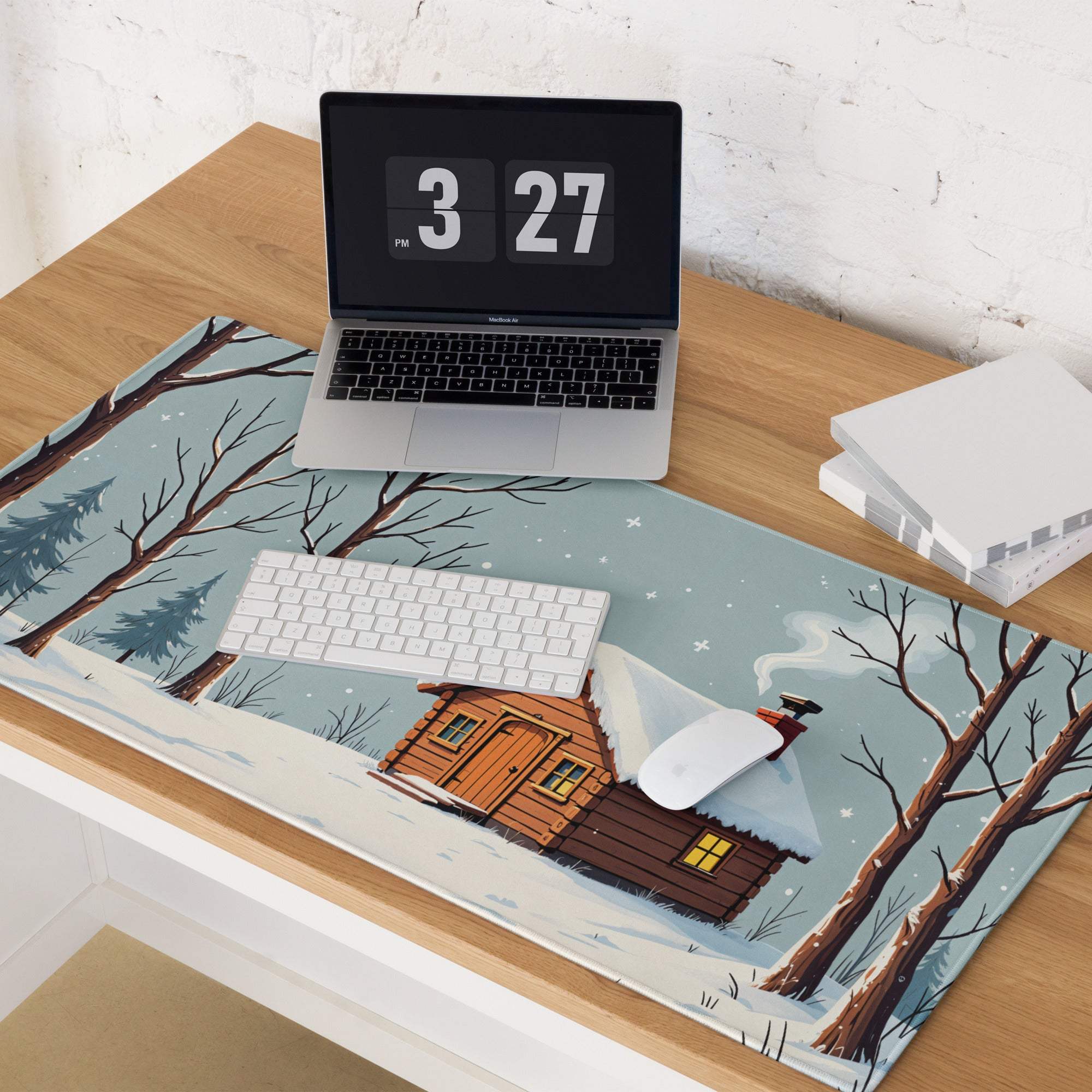 Cozy winter cabin snowy forest blue gaming mouse pad
