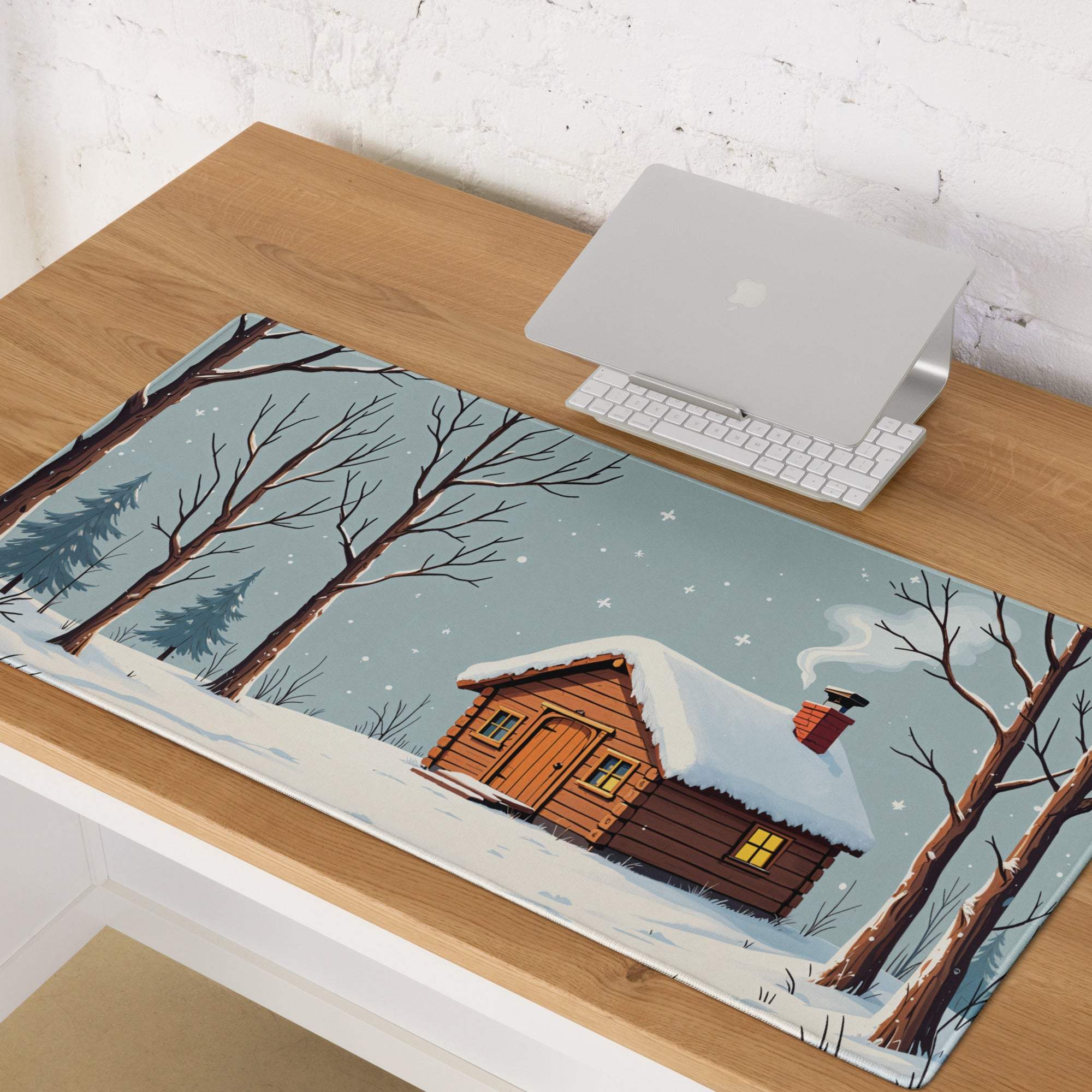 Cozy winter cabin mousepad with snowy forest, starry sky, non-slip gaming design
