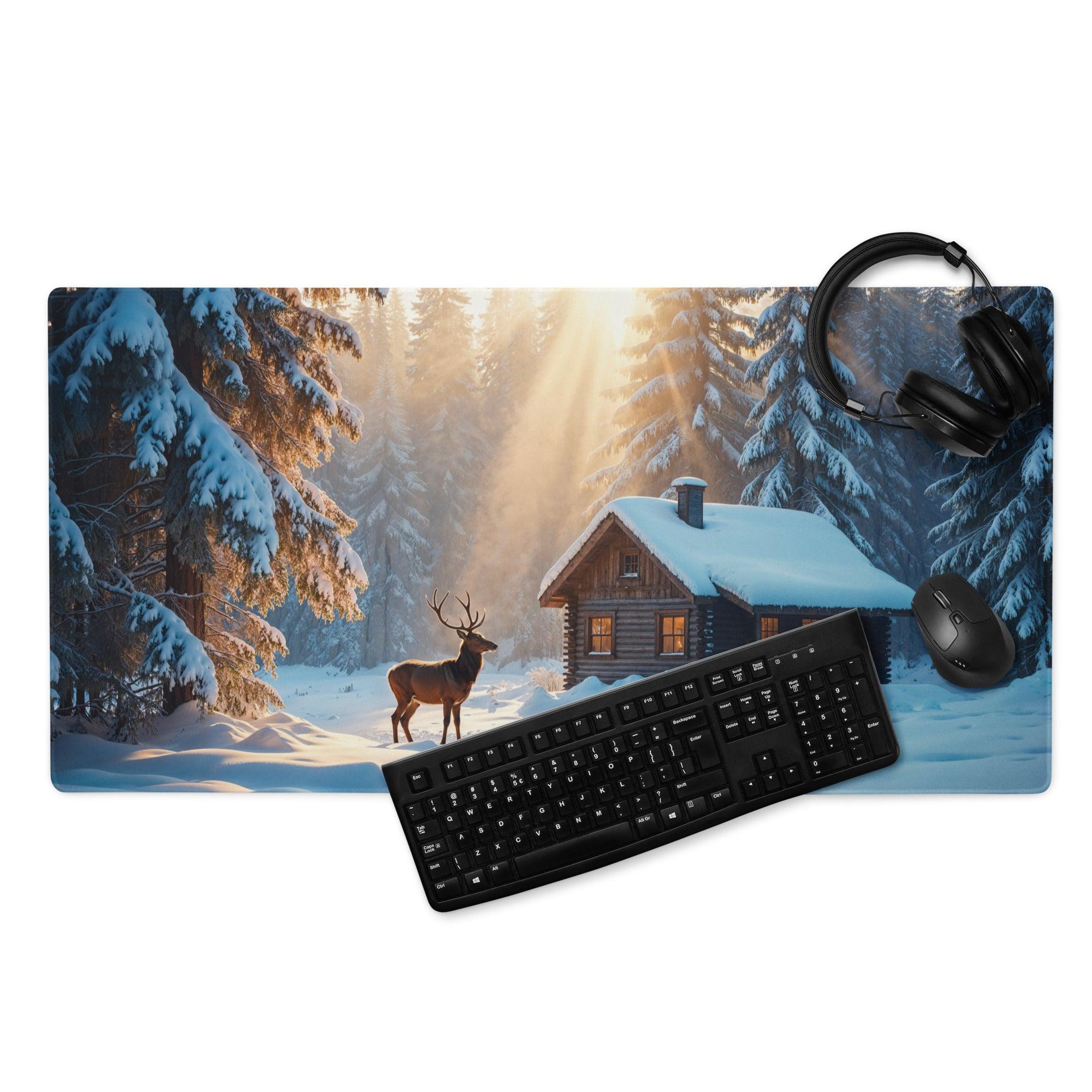 Winter Forest Serenity gaming mouse pad with deer by snowy cabin
