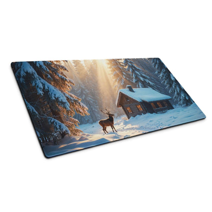 Winter Forest Serenity mouse pad with deer by snowy cabin in blue sunrise