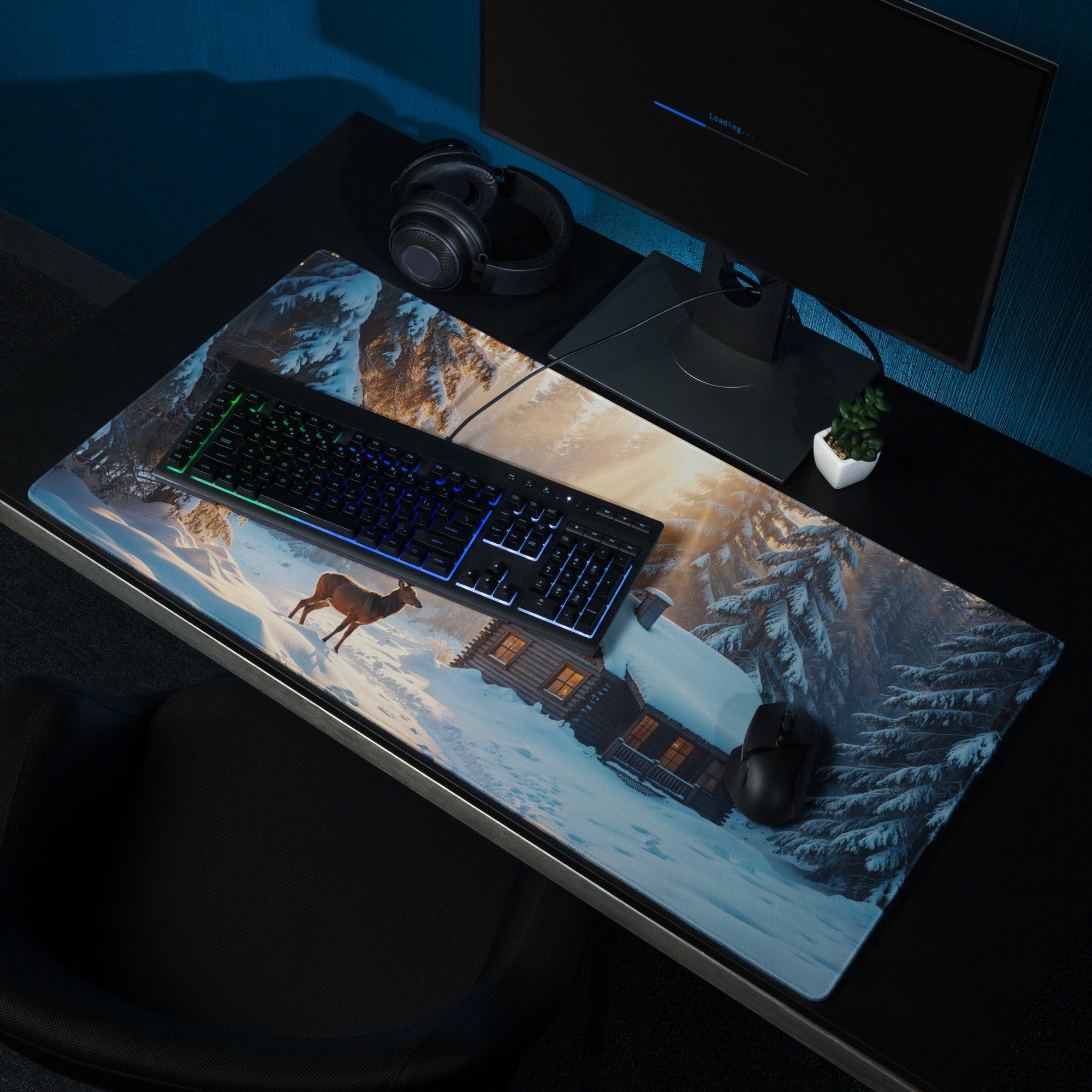 Winter Forest Serenity gaming mouse pad with deer by snowy cabin