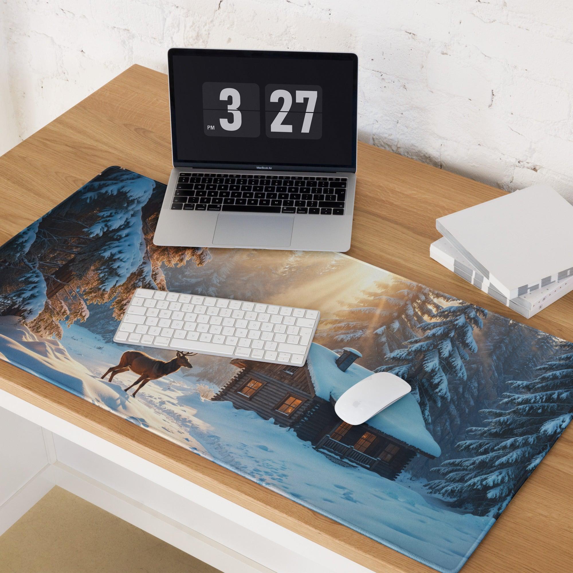 Winter Forest Serenity deer by snowy cabin gaming mouse pad