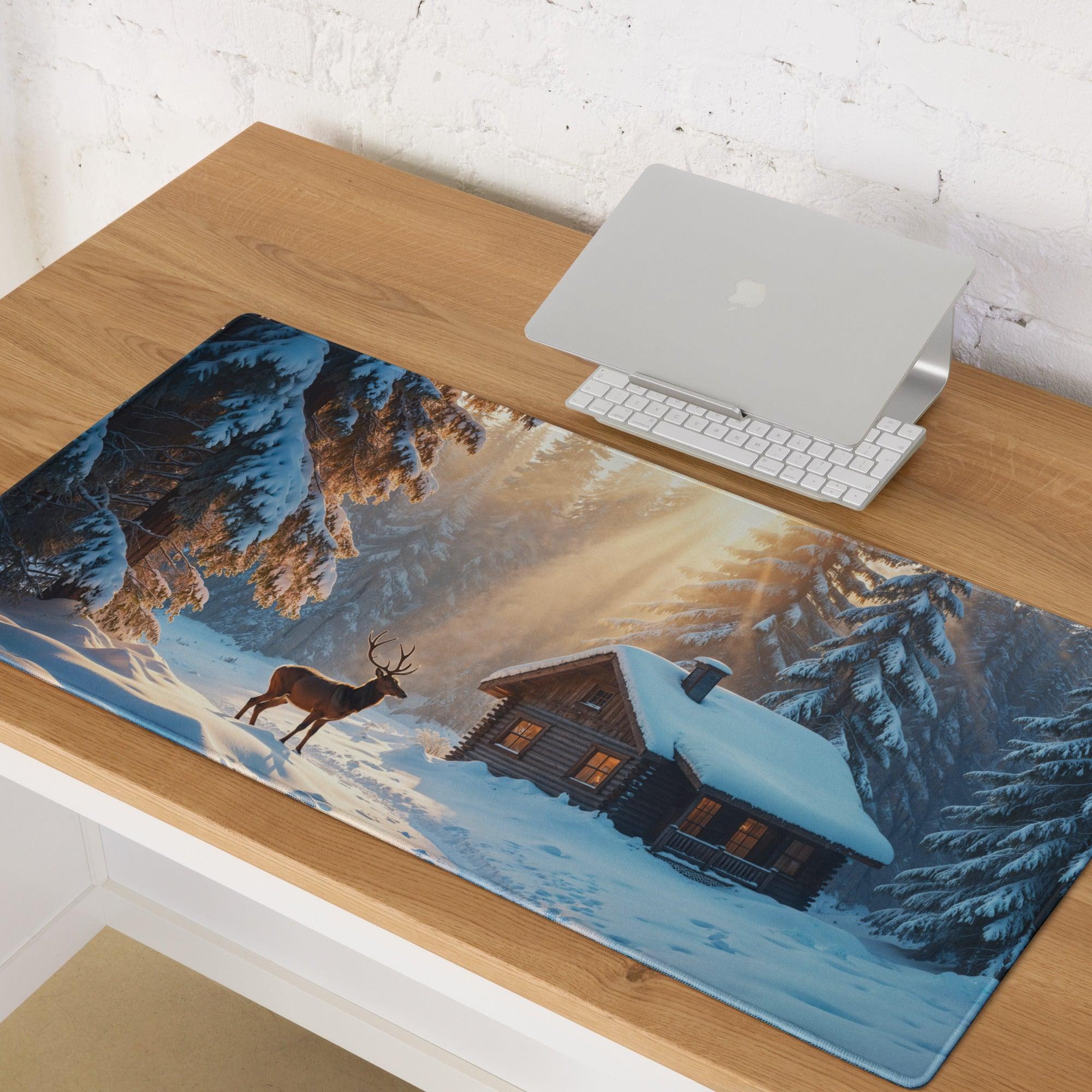 Winter Forest Serenity gaming mouse pad with deer by snowy cabin