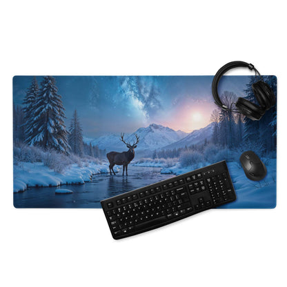 Premium cool blue winter forest deer gaming mouse pad with stag in snowy scene