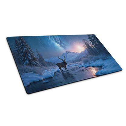 Premium cool blue winter forest deer scene gaming mouse pad with vivid snow-covered landscape