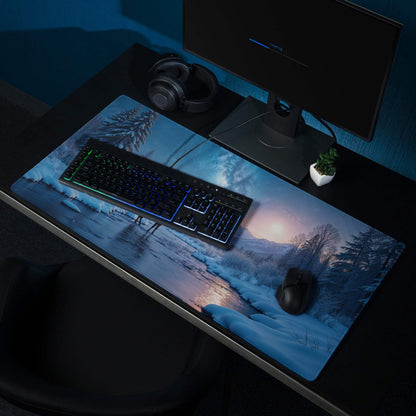 Premium cool blue winter forest deer scene gaming mouse pad