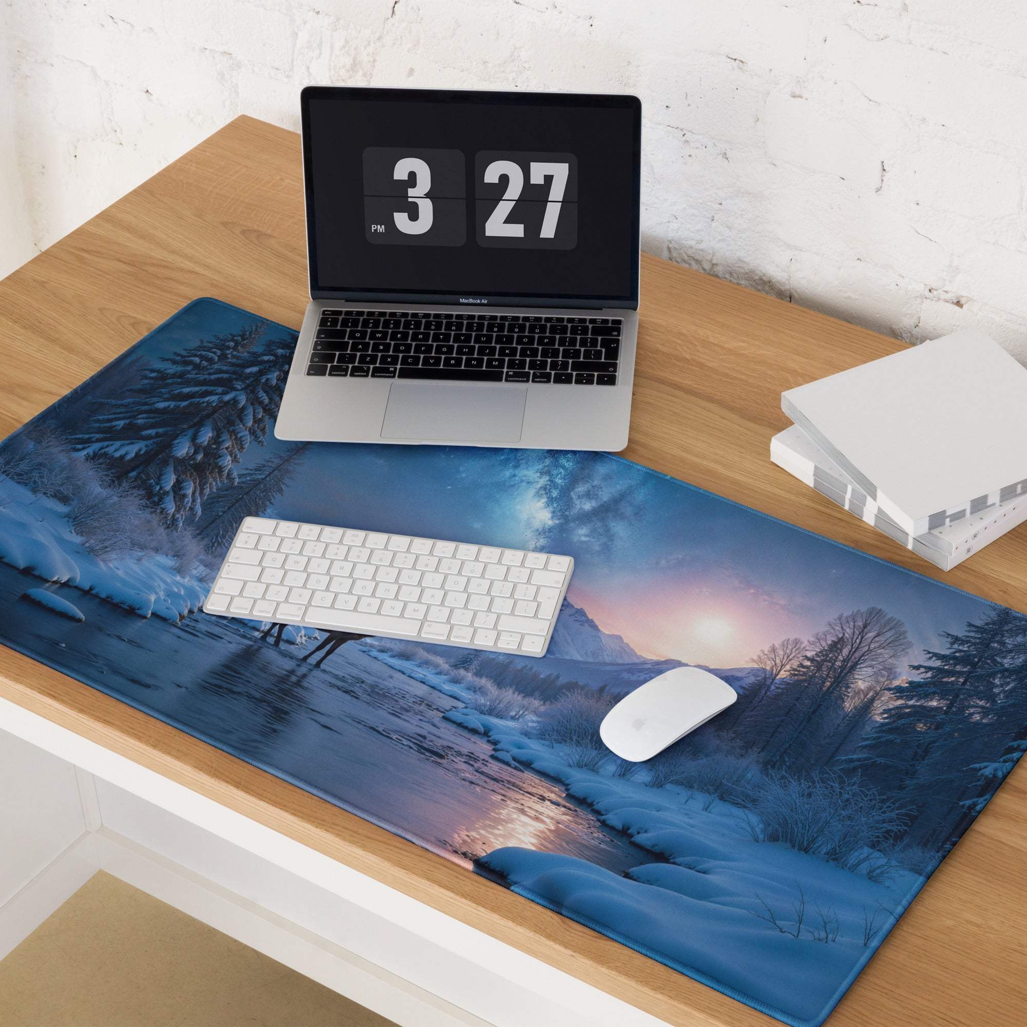 Premium cool blue winter forest deer scene gaming mouse pad with snow-covered trees and river under twilight sky