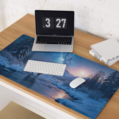 Premium cool blue winter forest deer scene gaming mouse pad with snow-covered trees and river under twilight sky