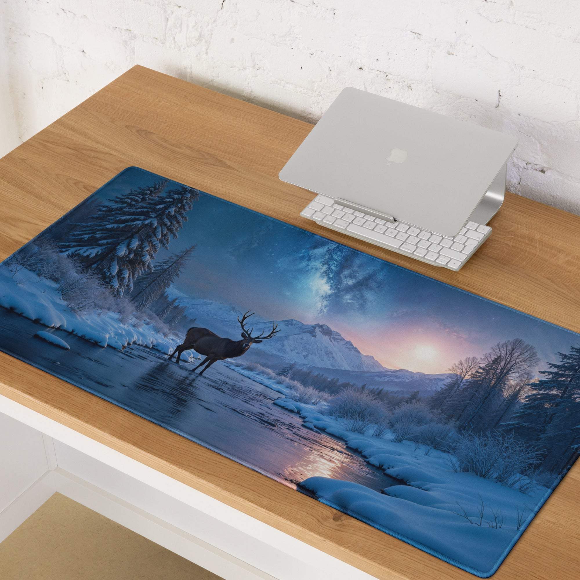 Blue winter forest deer gaming mouse pad with stag in icy waters