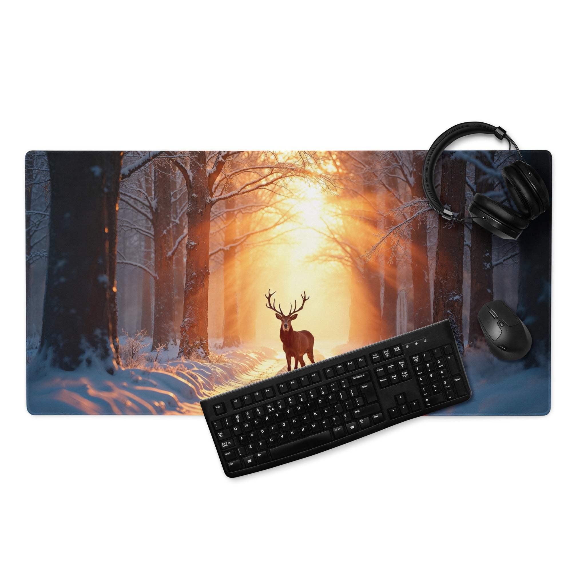 Epic Forest Sunset gaming mouse pad with stag in snowy forest scene