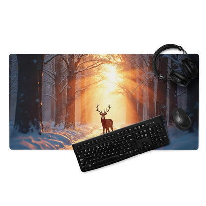 Epic Forest Sunset gaming mouse pad with stag in snowy forest scene
