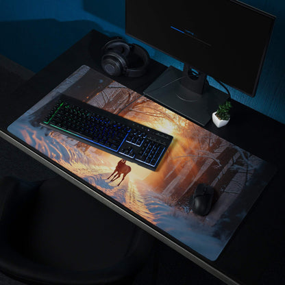 Epic Forest Sunset gaming mouse pad with deer silhouette in snowy sunset