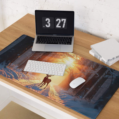 Epic Forest Sunset gaming mouse pad with deer silhouette and non-slip base