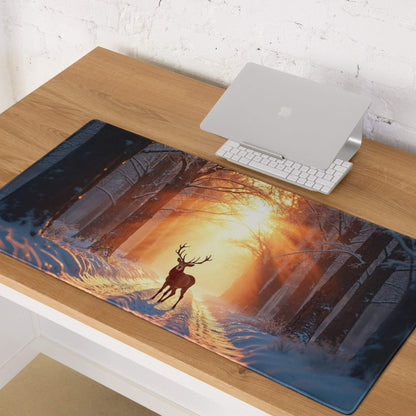 Epic Forest Sunset gaming mouse pad with stag in snowy forest at sunset