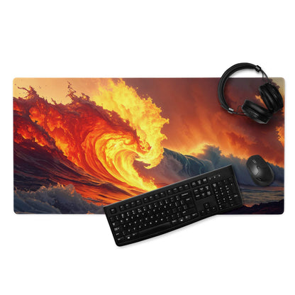 Epic gaming mouse pad with fiery ocean wave design, black keyboard, headset