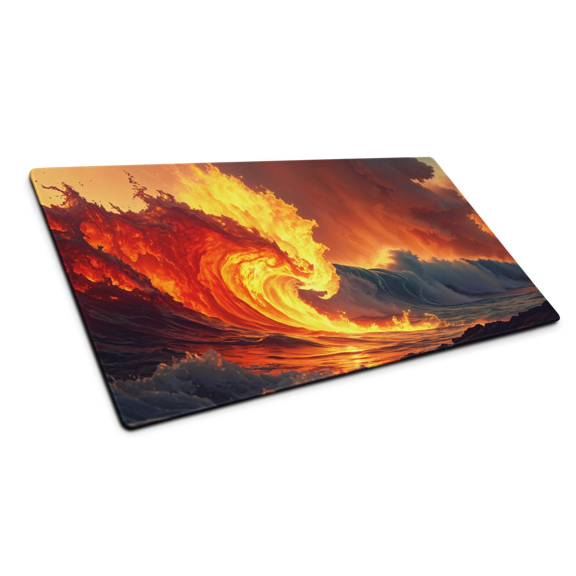 Epic fiery ocean wave gaming mousepad with non-slip base and stitched edges