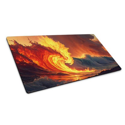 Epic fiery ocean wave gaming mousepad with non-slip base and stitched edges
